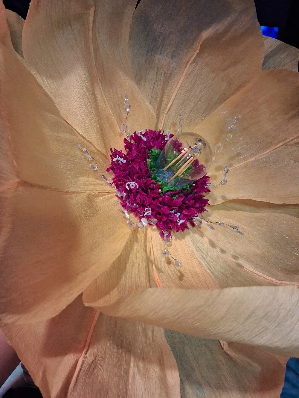 Handcrafted Tangerine Italian Crepe Paper Flower Hanging Lamp, LED